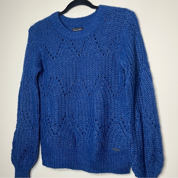ABERCROMBIE & FITCH Lofty Puff Sleeve Crewneck Knit Royal Blue Metallic Sweater - Picture 3 of 8